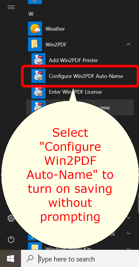 Start Menu Configure Win2PDF Auto-Name