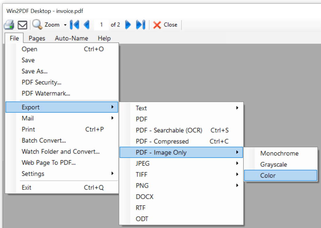 Win2PDF Desktop - Export PDF Image Only Menu