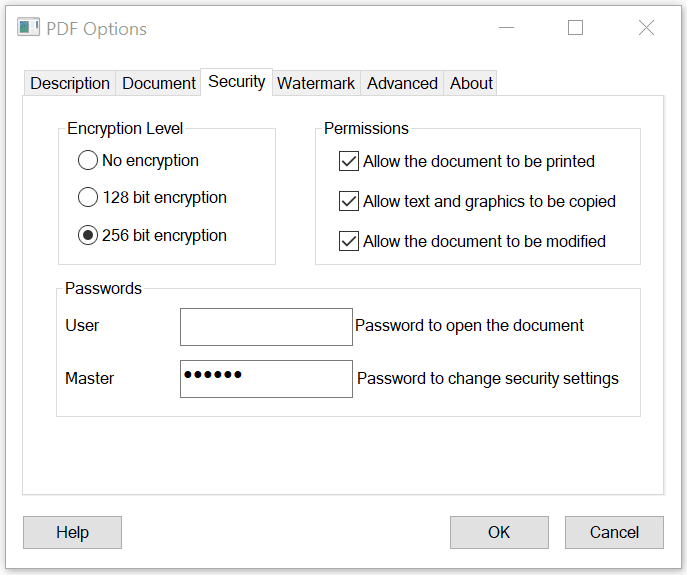 PDF Security Options