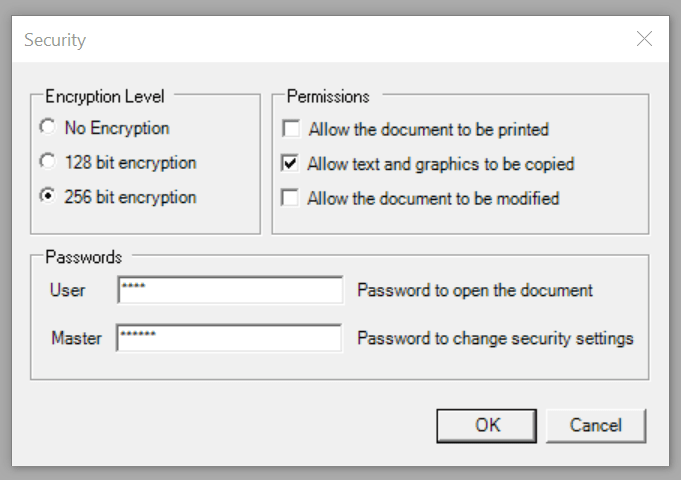 Win2PDF Desktop PDF Security Settings